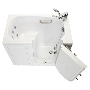 Ella Mobile 26"x45 Acrylic Hydro Massage Walk-In Bathtub with Swing Door, 2 Piece Fast Fill Faucet, 2" Drain with tempered glass outward swing door with door seal and ANTI-leak 3 latch system Right side outward swing door, 1 stainless steel grab bars, Cast acrylic high gloss finish, fiberglass gel-coat reinforced and Rugged stainless steel frame Walk-In Bathtub in a white background