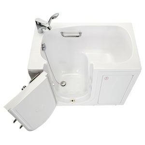 Ella Mobile 26"x45 Acrylic Hydro Massage Walk-In Bathtub with Swing Door, 2 Piece Fast Fill Faucet, 2" Drain-Cast acrylic high gloss finish, fiberglass gel-coat reinforced with tempered glass outward swing door with door seal and ANTI-leak 3 latch system, Left side outward swing door, 1 stainless steel grab bars, Rugged stainless steel frame Walk-In Bathtub in a white background