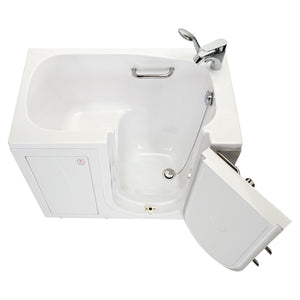 Ella Mobile 26"x45 Acrylic Hydro Massage Walk-In Bathtub with Swing Door, 2 Piece Fast Fill Faucet, 2" Drain-Cast acrylic high gloss finish, fiberglass gel-coat reinforced with tempered glass outward swing door with door seal and ANTI-leak 3 latch system, Right side outward swing door, 1 stainless steel grab bars, Rugged stainless steel frame Walk-In Bathtub in a white background