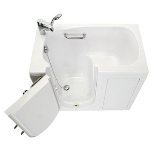 Ella Mobile 26"x45 Acrylic Hydro Massage Walk-In Bathtub with Swing Door, 2 Piece Fast Fill Faucet, 2" Drain-Cast acrylic high gloss finish, fiberglass gel-coat reinforced with tempered glass outward swing door with door seal and ANTI-leak 3 latch system, Left side outward swing door, 1 stainless steel grab bars, Rugged stainless steel frame Walk-In Bathtub in a white background