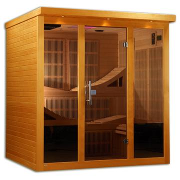 Infrared Sauna 6 person Natural hemlock wood construction with tempered glass door Roof vent in a white background