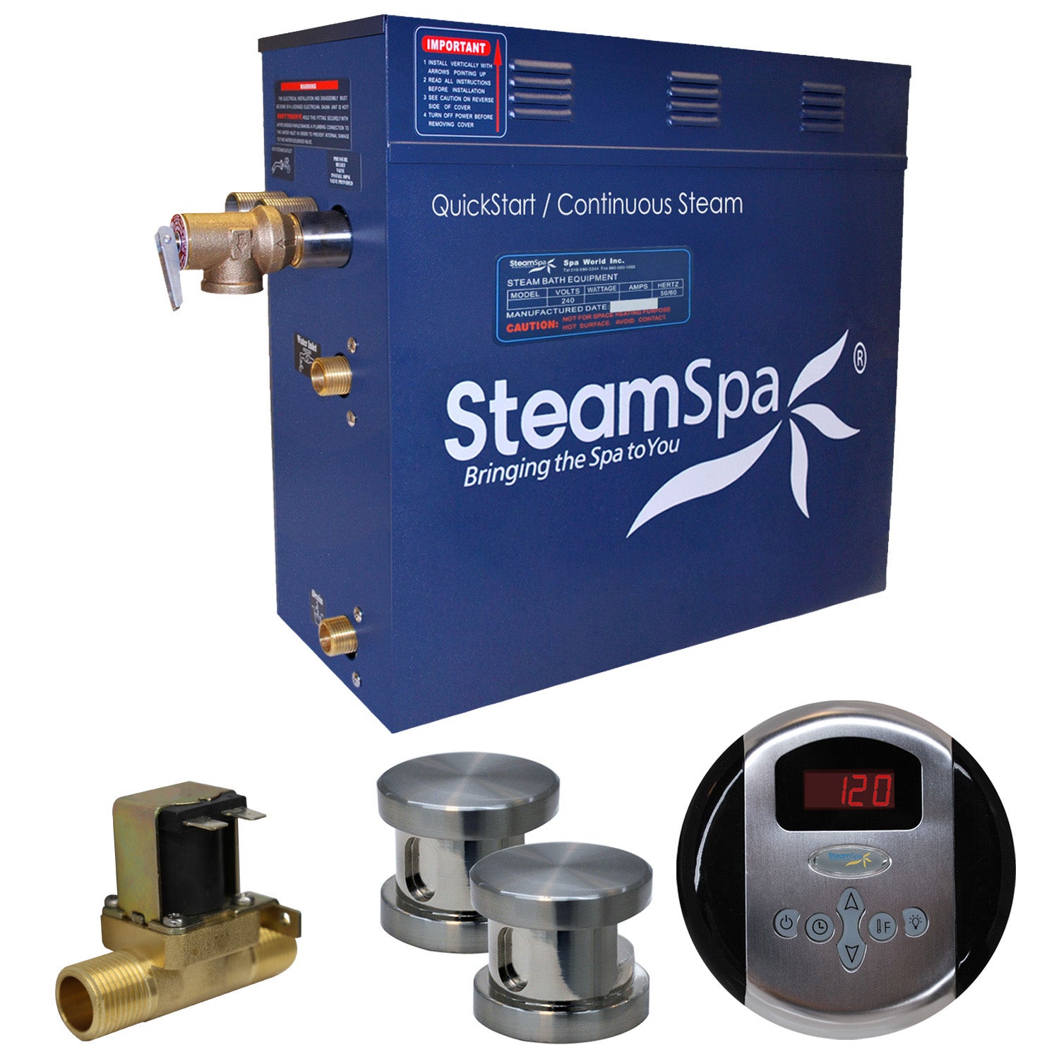 SteamSpa Oasis 10.5 KW QuickStart Acu-Steam Bath Generator Package - 9.5 in. L x 17 in. W x 15 in. H - Stainless Steel - Brushed Nickel - Includes a 10.5kW QuickStart Acu-Steam Bath Generator, Control Panel, Two Steam heads, Pressure Relief Valve, OA1050 - Vital Hydrotherapy