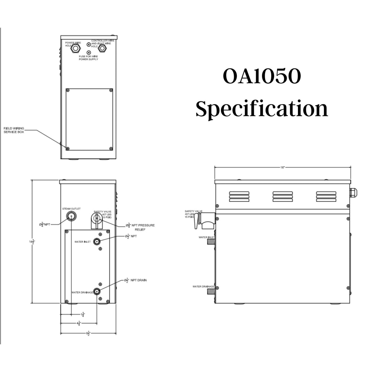 10.5 KW QuickStart Acu-Steam Bath Generator Specification drawing  OA1050 - Vital Hydrotherapy