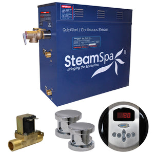 SteamSpa Oasis 12 KW QuickStart Acu-Steam Bath Generator Package - 17 in. L x 9.25 in. W x 15 in. H - Stainless Steel - Polished Chrome finish - Includes a 12kW QuickStart Acu-Steam Bath Generator, Control Panel, Two Steam heads, Pressure Relief Valve, with built-in auto drain - OA1200 - Vital Hydrotherapy