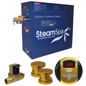 SteamSpa Oasis 12 KW QuickStart Acu-Steam Bath Generator Package - 17 in. L x 9.25 in. W x 15 in. H - Stainless Steel - Polished Gold finish - Includes a 12kW QuickStart Acu-Steam Bath Generator, Control Panel, Two Steam heads, Pressure Relief Valve, with built-in auto drain - OA1200 - Vital Hydrotherapy