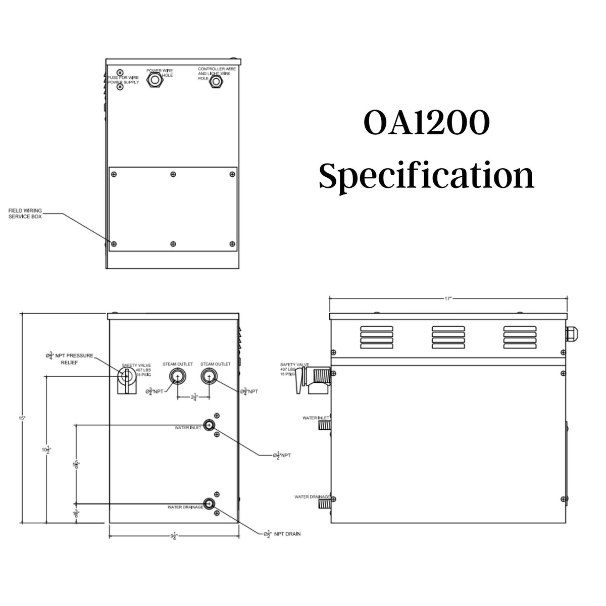 12 KW QuickStart Acu-Steam Bath Generator Specification drawing - Vital Hydrotherapy