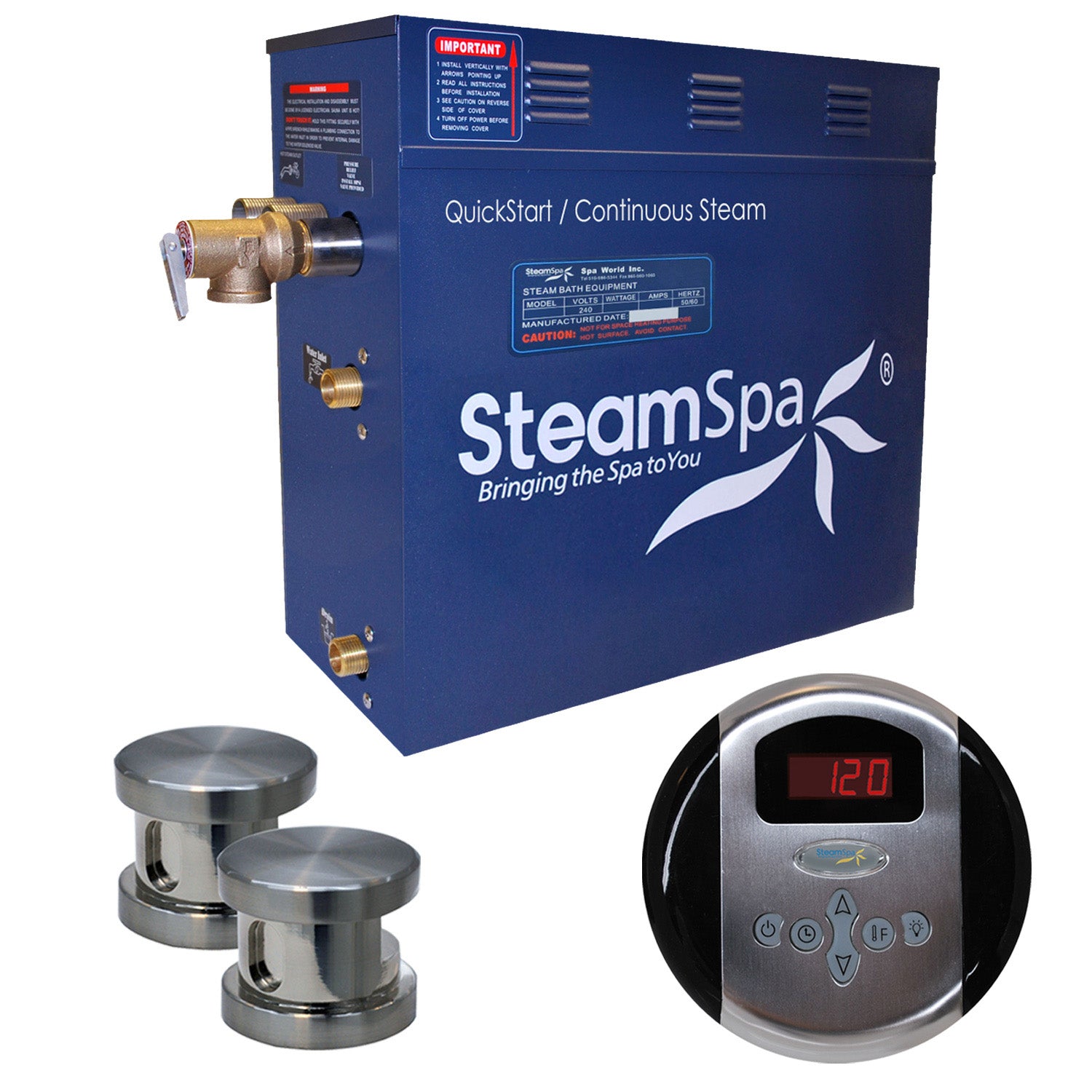 SteamSpa Oasis 4.5 KW QuickStart Acu-Steam Bath Generator Package - 12 in. L x 6 in. W x 2 in. H - Stainless Steel - Brushed Nickel finish - Includes a 4.5kW QuickStart Acu-Steam Bath Generator, Control Panel, Two Steam heads - OA450 - Vital Hydrotherapy