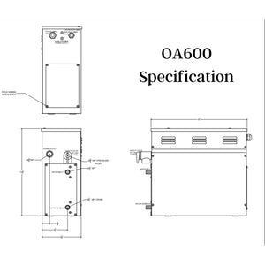 6 KW QuickStart Acu-Steam Bath Generator Specification Drawing OA600 - Vital Hydrotherapy
