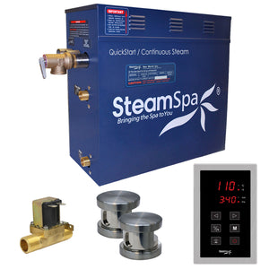 SteamSpa Oasis 10.5 KW QuickStart Acu-Steam Bath Generator Package - 9.5 in. L x 17 in. W x 15 in. - Stainless Steel - Brushed Nickel - Includes a 10.5kW QuickStart Acu-Steam Bath Generator, Touch Pad Control Panel, Two Steam heads, Pressure Relief Valve, with built-in auto drain - OAT1050 - Vital Hydrotherapy