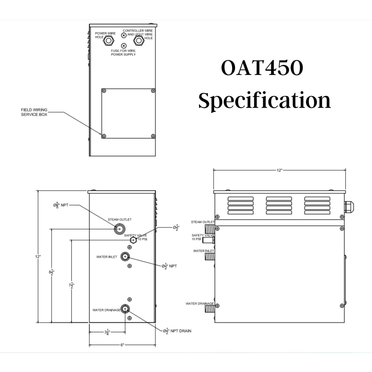 SteamSpa Oasis 4.5 KW QuickStart Acu-Steam Bath Generator Specification Drawing OAT450 - Vital Hydrotherapy