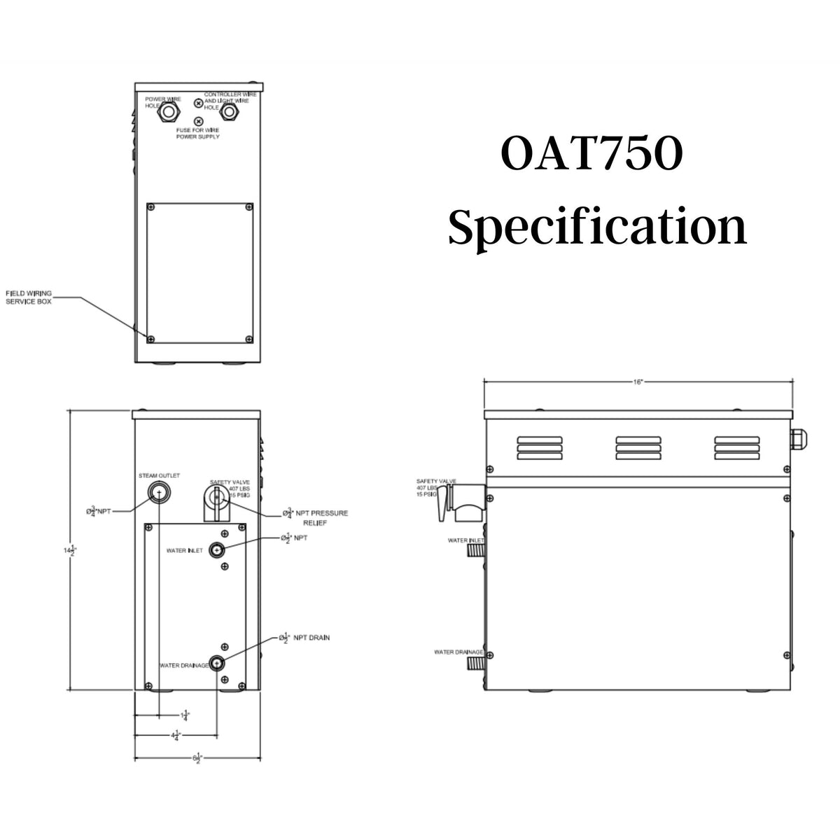 SteamSpa Oasis 7.5 KW QuickStart Acu-Steam Bath Generator Specification Drawing OAT750 - Vital Hydrotherapy