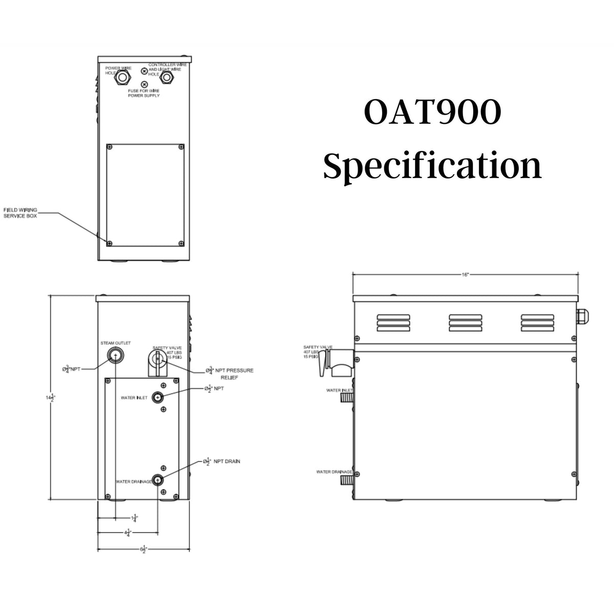 SteamSpa Oasis 9 KW QuickStart Acu-Steam Bath Generator Specification Drawing OAT900 - Vital Hydrotherapy