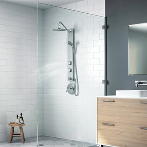 PULSE ShowerSpas Brushed Stainless Steel Shower System - Aloha Shower System - Chrome fixtures - with 8" Rain showerhead with soft tips, 5-Function hand shower with 59" double-interlocking stainless steel hose, 2 body jets and Brass diverter - Lifestyle setting - 1021-SSB - Vital Hydrotherapy