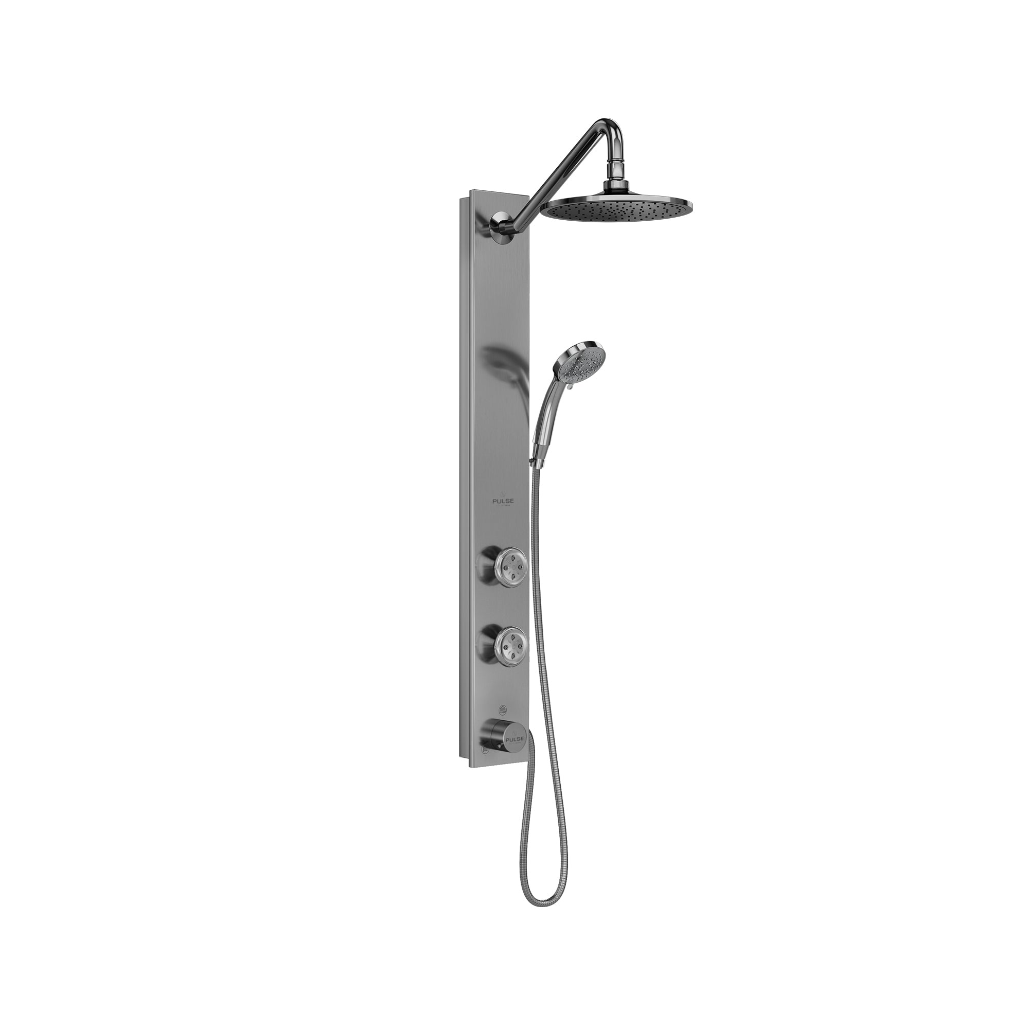 PULSE ShowerSpas Brushed Stainless Steel Shower System - Aloha Shower System - Chrome fixtures - with 8" Rain showerhead with soft tips, 5-Function hand shower with 59" double-interlocking stainless steel hose, 2 body jets and Brass diverter - 1021-SSB - Vital Hydrotherapy