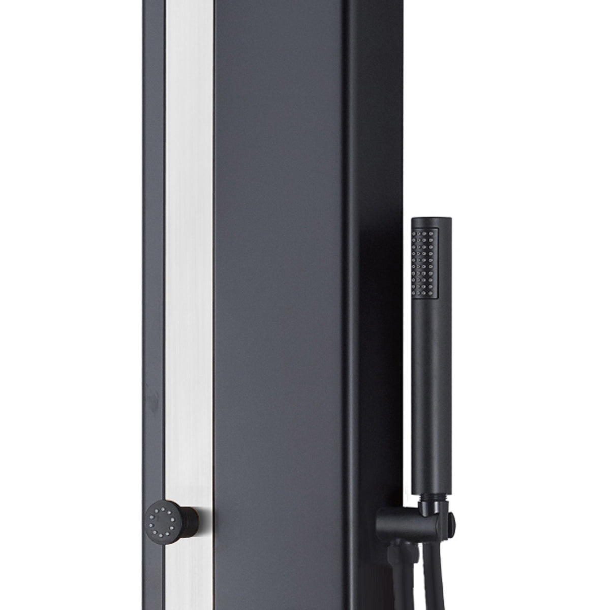 PULSE ShowerSpas Stainless Steel Brushed Shower Panel - Eclipse ShowerSpa - Aluminum body with matte black finish - with Single function wand hand shower and single function body jet - 1060MB-SSB - Vital Hydrotherapy