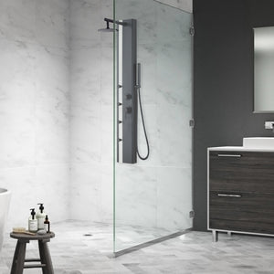 PULSE ShowerSpas Stainless Steel Brushed Shower Panel - Eclipse ShowerSpa - Aluminum body with matte black finish with 8 inch rain showerhead, 4 single function body jets, Single function wand hand shower, Brass diverter and pressure balance valve - Lifestyle setting - 1060MB-SSB - Vital Hydrotherapy