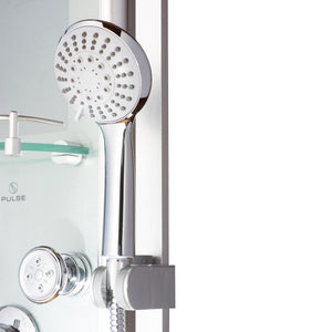 PULSE ShowerSpas Silver Glass Shower Panel - Kihei II ShowerSpa - White tempered 8mm Tough Glass panel with anodized aluminum frame and chrome fixtures - Brass shower arm, Five-function hand shower with double-interlocking stainless steel hose, Dual-function Select-A-Jet - 1013-GL - Vital Hydrotherapy