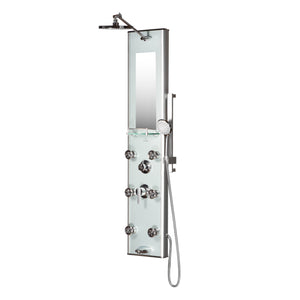 PULSE ShowerSpas Silver Glass Shower Panel - Kihei II ShowerSpa - White tempered 8mm Tough Glass panel with anodized aluminum frame and chrome fixtures - 8" Rain showerhead with soft tips, Brass shower arm, Five-function hand shower with double-interlocking stainless steel hose and Slide bar, 6 Dual-function Select-A-Jets, Brass diverter, seamless integrated mirror, Tub spout/temperature tester and shelf - 1013-GL - Vital Hydrotherapy