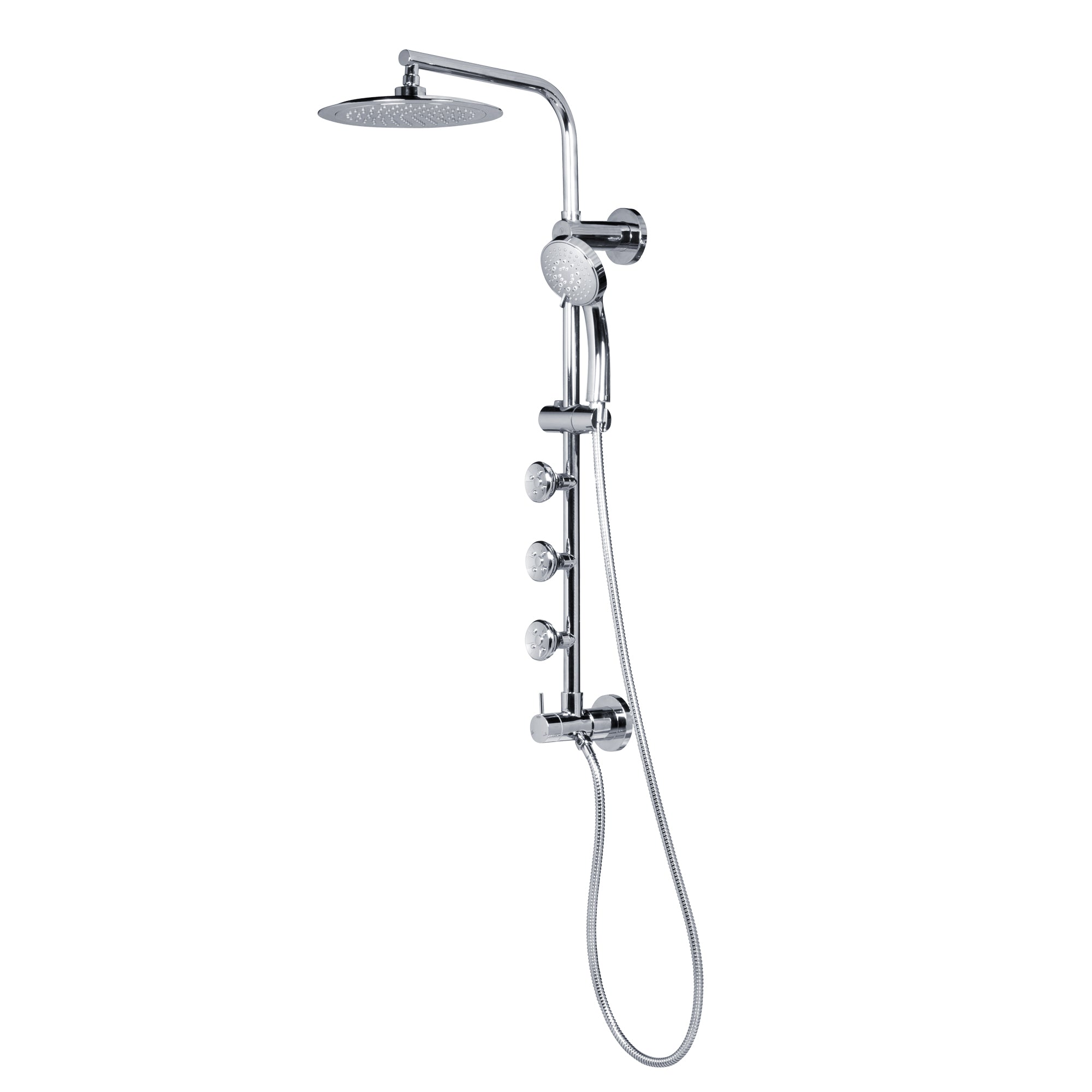 PULSE ShowerSpas Shower System - Lanai Shower System - 8" faced rain showerhead with soft tips, 3-Function faced hand shower with 59" double-interlocking stainless steel hose, brass slide bar, brass shower arm, Brass diverter and 3 PULSE body jets with top two - Polished Chrome - 1089 - Vital Hydrotherapy