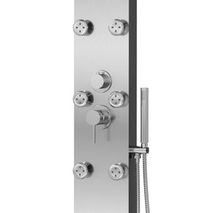 PULSE ShowerSpas Stainless Steel Shower Panel - Monterey ShowerSpa - Single-function hand shower with double-interlocking stainless steel hose, 6-Single-function Silk Spray Jets and Brass tub spout/temperature tester - Brushed Nickel - 1042 - Vital Hydrotherapy
