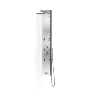 PULSE ShowerSpas Stainless Steel Shower Panel - Monterey ShowerSpa - with 8 in. Low profile stainless steel rain shower head with soft tips, Single-function hand shower with double-interlocking stainless steel hose, 6-Single-function Silk Spray Jets and Brass tub spout/temperature tester - Brushed Nickel - 1042 - Vital Hydrotherapy