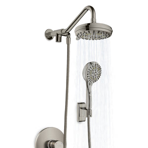 PULSE ShowerSpas Chrome Shower System - Oasis Shower System - 5-function showerhead with soft tips, 6-function hand shower and Water-saving trickle control - Brushed Nickel - In use - 1053 - Vital Hydrotherapy