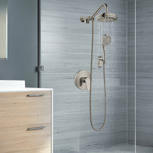 PULSE ShowerSpas Shower System - AquaPower ShowerSpa - Oversized showerhead with soft tips, 3-function wand hand shower and hand shower holder and diverter at the bottom of Aqua Power - Brushed Nickel - Lifestyle setting - 1054 - Vital Hydrotherapy