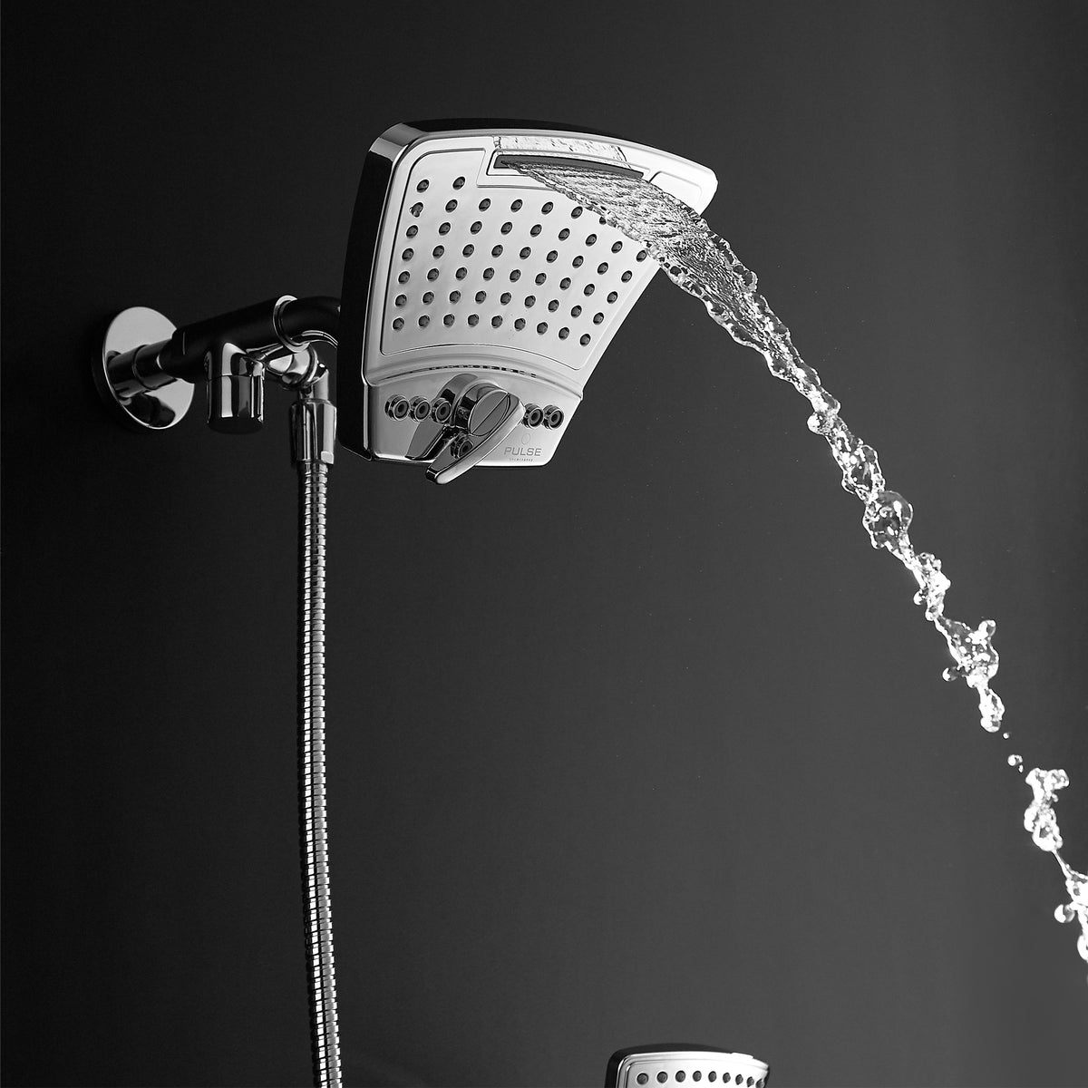 PULSE ShowerSpas Shower System - PowerShot Shower System - Unique and modern curved 8” rain showerhead with diverter (Waterfall) - Polished Chrome - 1056 - Vital Hydrotherapy