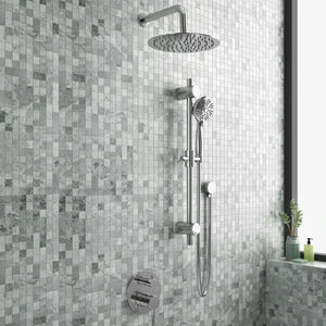 PULSE ShowerSpas Combo Shower System - 10 inch rain showerhead, 5-function stainless steel hand shower, Brass shower arm, Brass slide bar, Thru-temp pressure balance mixing valve and brass diverter - Polished Chrome - Lifestyle setting - 3006 - Vital Hydrotherapy