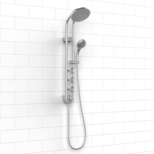 PULSE ShowerSpas Chrome Shower System - Saturn Shower System - 8-inch rain showerhead, 5-function hand shower, 3 PULSE PowerSpray™ body jets, Top two body jets, Brass slide bar and Brass diverter located at the bottom of the system - Lifestyle setting - Side view - 1058 - Vital Hydrotherapy