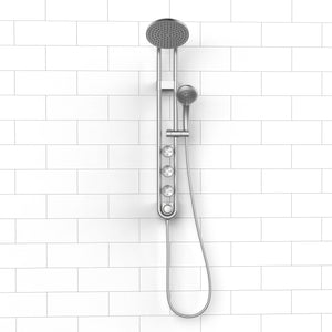 PULSE ShowerSpas Chrome Shower System - Saturn Shower System - 8-inch rain showerhead, 5-function hand shower, 3 PULSE PowerSpray™ body jets, Top two body jets, Brass slide bar and Brass diverter located at the bottom of the system - Lifestyle setting - Front view - 1058 - Vital Hydrotherapy 
