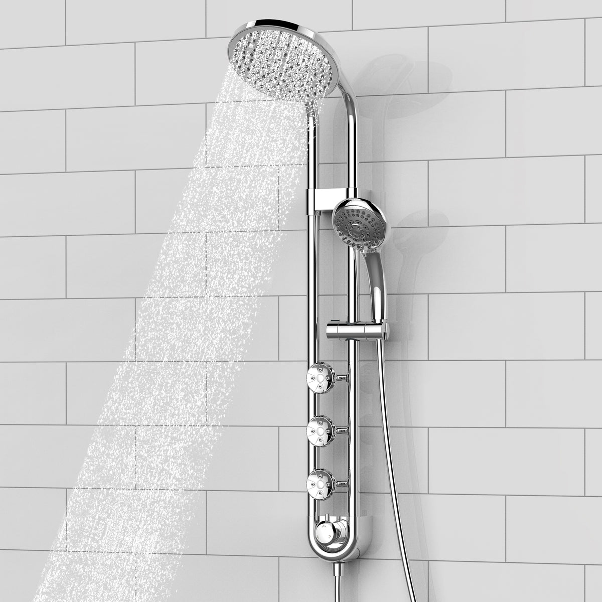 PULSE ShowerSpas Chrome Shower System - Saturn Shower System - 8-inch rain showerhead, 5-function hand shower, 3 PULSE PowerSpray™ body jets, Top two body jets, Brass slide bar and Brass diverter located at the bottom of the system - Rain showerhead - Lifestyle setting - 1058 - Vital Hydrotherapy