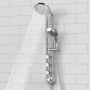 PULSE ShowerSpas Chrome Shower System - Saturn Shower System - 8-inch rain showerhead, 5-function hand shower, 3 PULSE PowerSpray™ body jets, Top two body jets, Brass slide bar and Brass diverter located at the bottom of the system - Rain showerhead - Lifestyle setting - 1058 - Vital Hydrotherapy