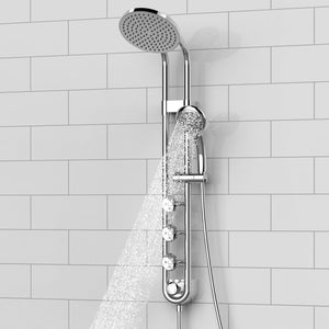 PULSE ShowerSpas Chrome Shower System - Saturn Shower System - 8-inch rain showerhead, 5-function hand shower, 3 PULSE PowerSpray™ body jets, Top two body jets, Brass slide bar and Brass diverter located at the bottom of the system - Lifestyle setting - 1058 - Vital Hydrotherapy