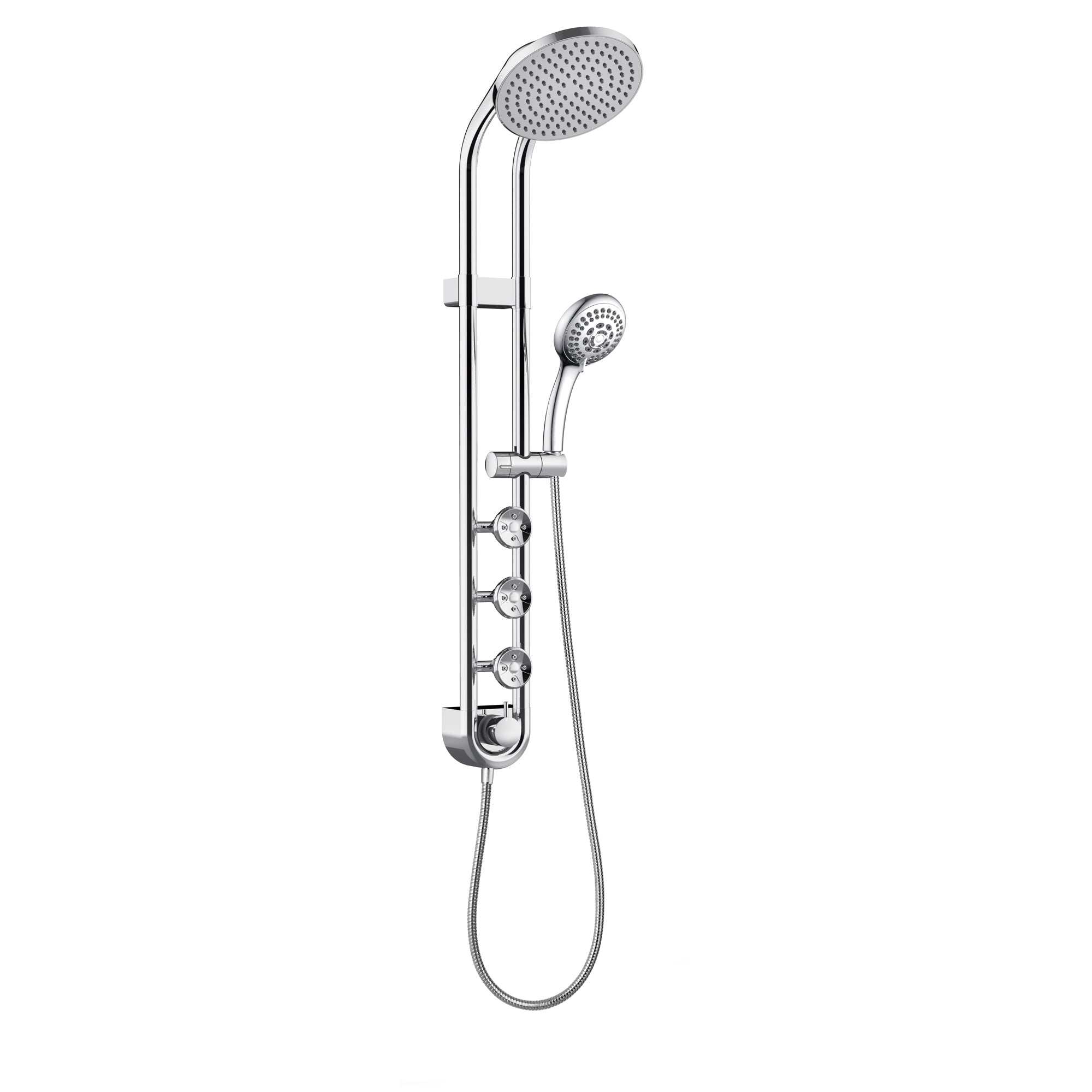 PULSE ShowerSpas Chrome Shower System - Saturn Shower System - 8-inch rain showerhead, 5-function hand shower, 3 PULSE PowerSpray™ body jets, Top two body jets, Brass slide bar and Brass diverter located at the bottom of the system - 1058 - Vital Hydrotherapy