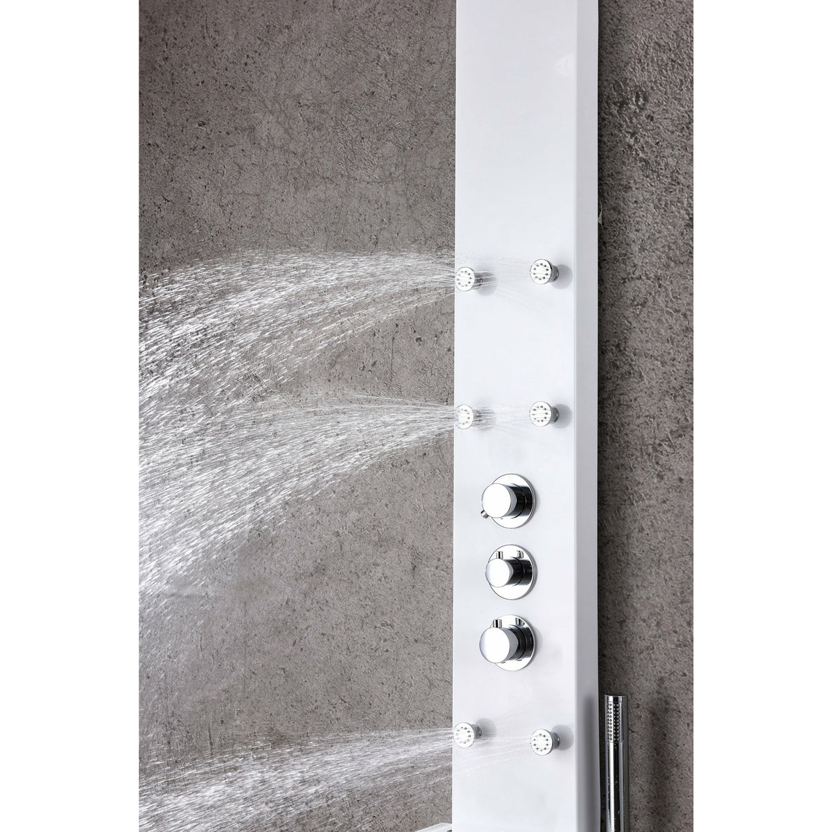 Anzzi Six Directional Acu-stream Body Jets, Three Shower Control Knobs and Euro-grip Free Range Hand Sprayer in White Deco-glass Body SP-AZ8088 - Vital Hydrotherapy