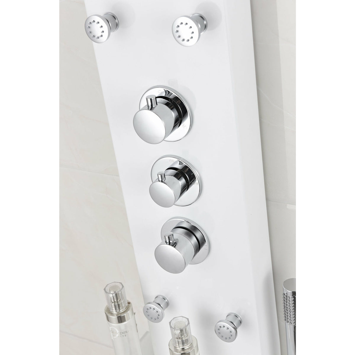 Anzzi Directional Acu-stream Body Jets, Three Shower Control Knobs and Euro-grip Free Range Hand Sprayer in White Deco-glass Body SP-AZ8088 - Vital Hydrotherapy