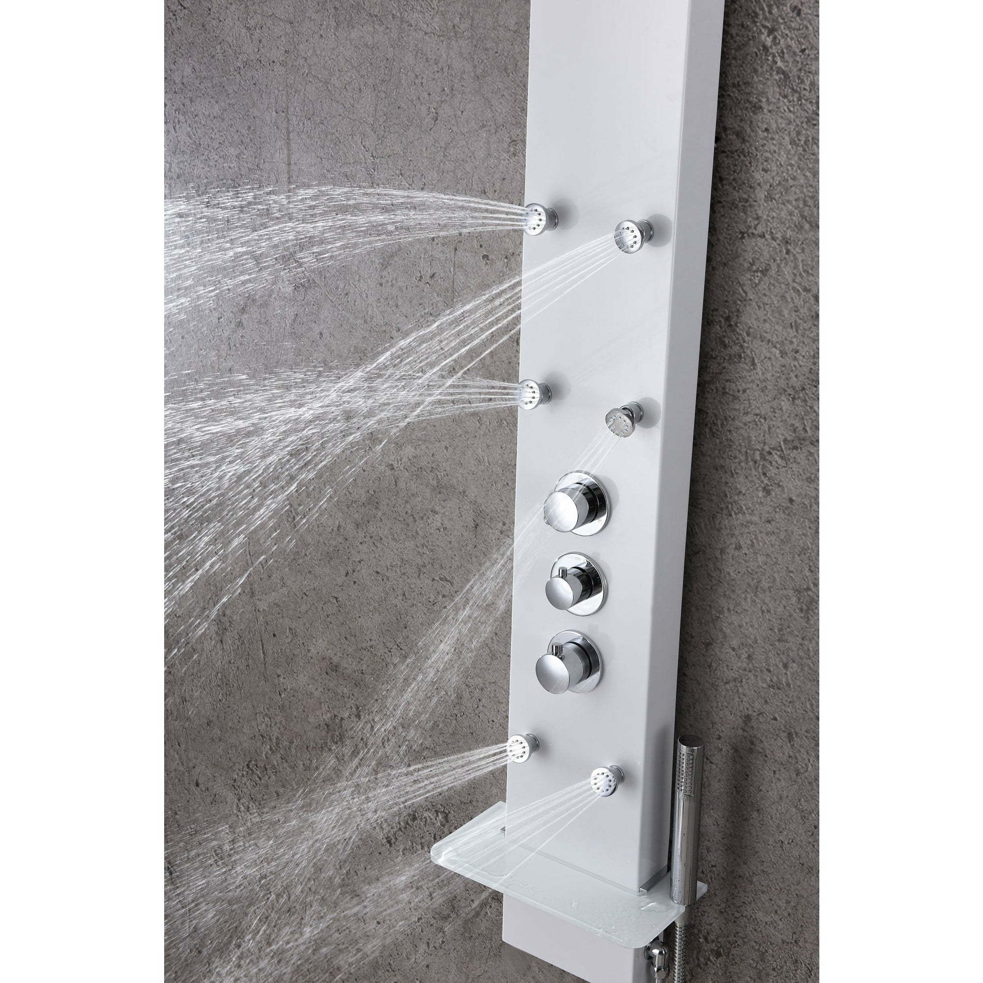 Anzzi Panther 60 Inch Full Body Shower Panel with Heavy Rain Shower Head, Six Directional Acu-stream Body Jets, Three Shower Control Knobs and Euro-grip Free Range Hand Sprayer in White Deco-glass Body SP-AZ8088 - Vital Hydrotherapy