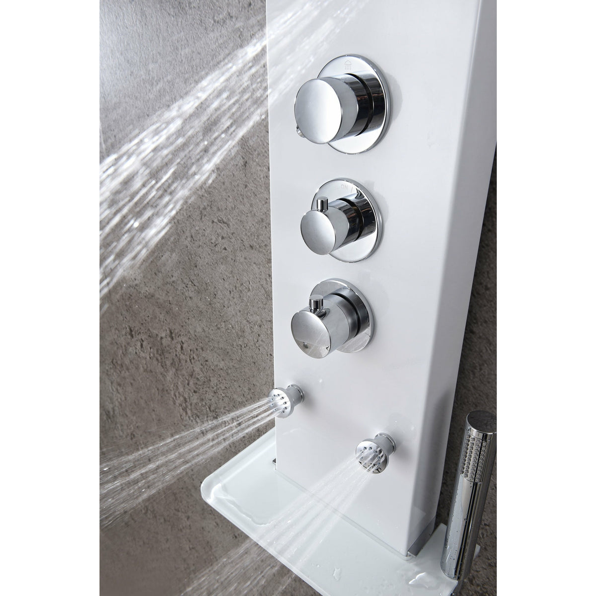 Anzzi Directional Acu-stream Body Jets, Three Shower Control Knobs and Euro-grip Free Range Hand Sprayer in White Deco-glass Body SP-AZ8088 - Vital Hydrotherapy
