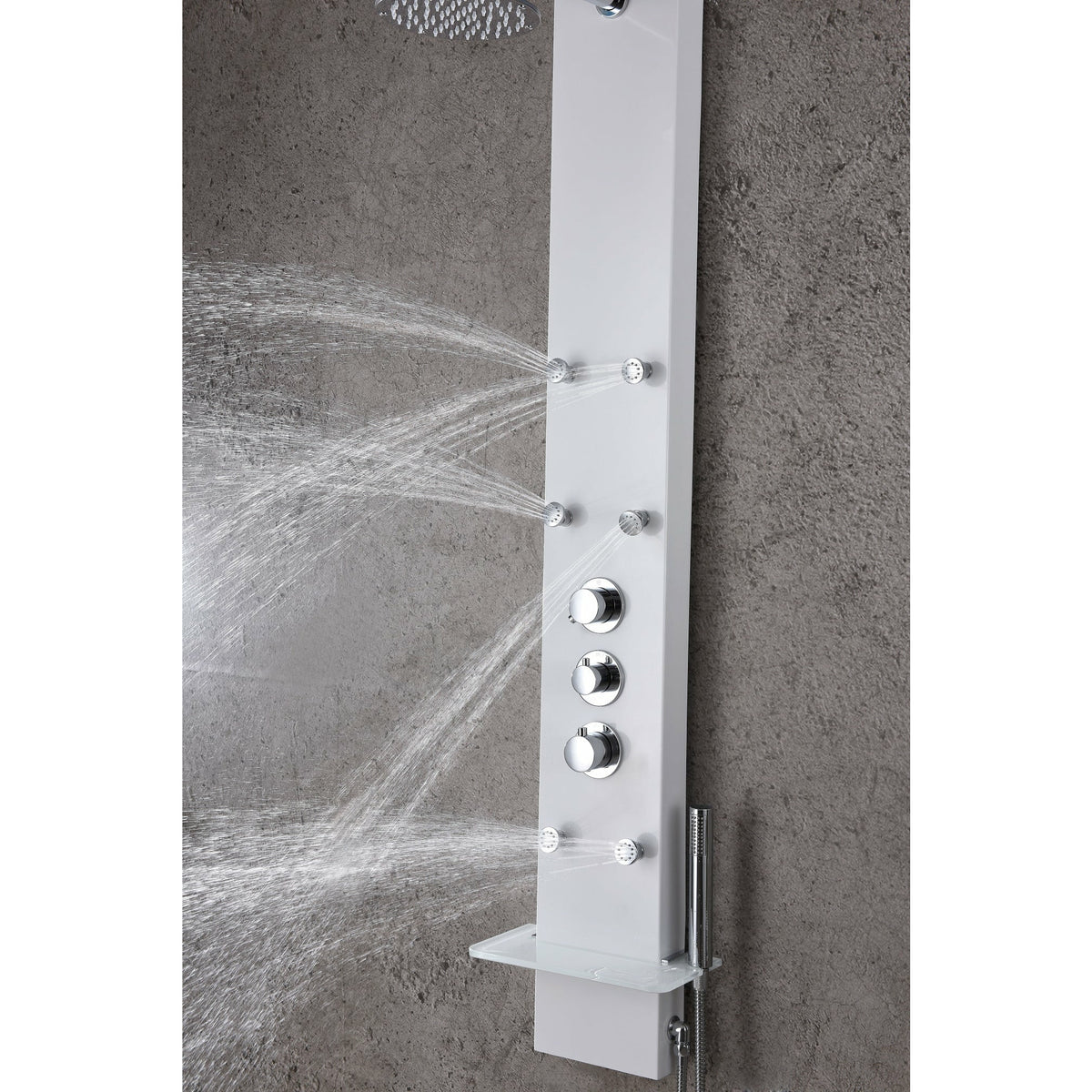 Anzzi Panther 60 Inch Full Body Shower Panel with Heavy Rain Shower Head, Six Directional Acu-stream Body Jets, Three Shower Control Knobs and Euro-grip Free Range Hand Sprayer in White Deco-glass Body SP-AZ8088 - Vital Hydrotherapy