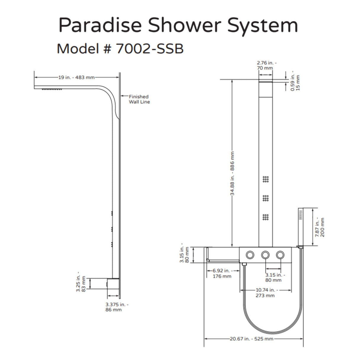 PULSE ShowerSpas Brushed Stainless Steel Shower System - Paradise Shower System 7002-SSB Specification Drawing - Vital Hydrotherapy