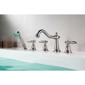 Anzzi Patriarch 2-Handle Deck-mount Roman Tub Faucet With Handheld Sprayer - Brushed Nickel Finish - Dual Handle Bathtub Faucet - Extendable Handheld Sprayer - FR-AZ091 - Lifestyle - Vital Hydrotherapy