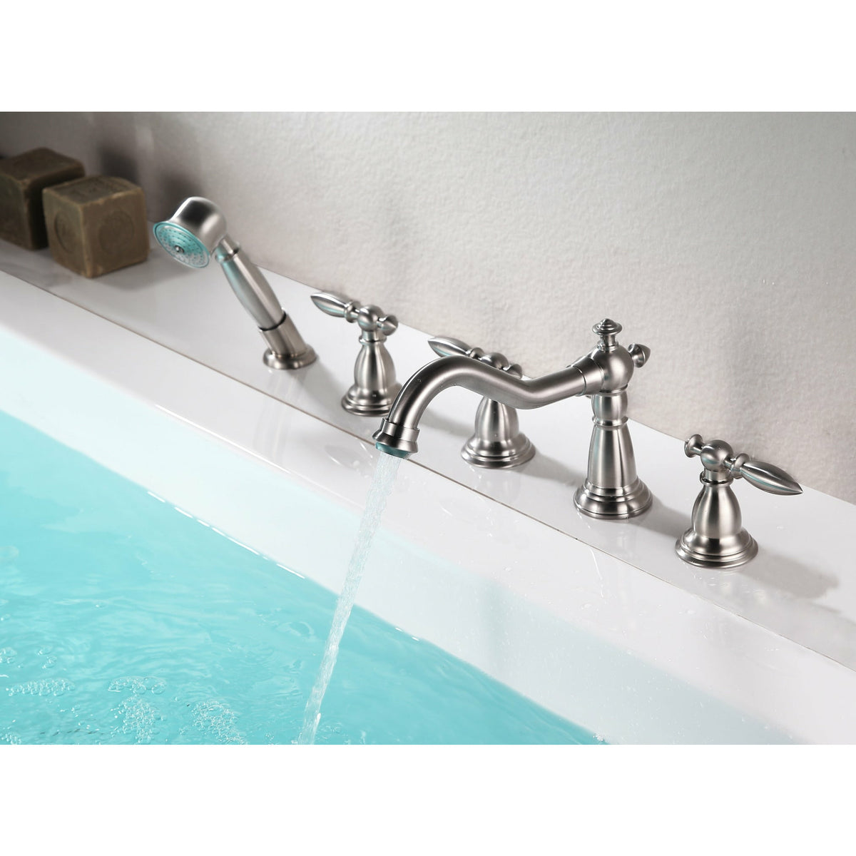 Anzzi Patriarch 2-Handle Deck-mount Roman Tub Faucet With Handheld Sprayer - Brushed Nickel Finish - Dual Handle Bathtub Faucet - Extendable Handheld Sprayer - FR-AZ091 - Lifestyle - Vital Hydrotherapy