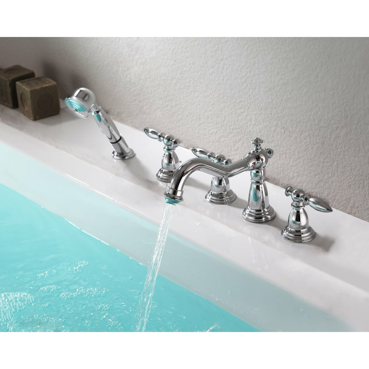 Anzzi Patriarch 2-Handle Deck-mount Roman Tub Faucet With Handheld Sprayer - Polished Chrome Finish - Dual Handle Bathtub Faucet - Extendable Handheld Sprayer - FR-AZ091 - Lifestyle - Vital Hydrotherapy