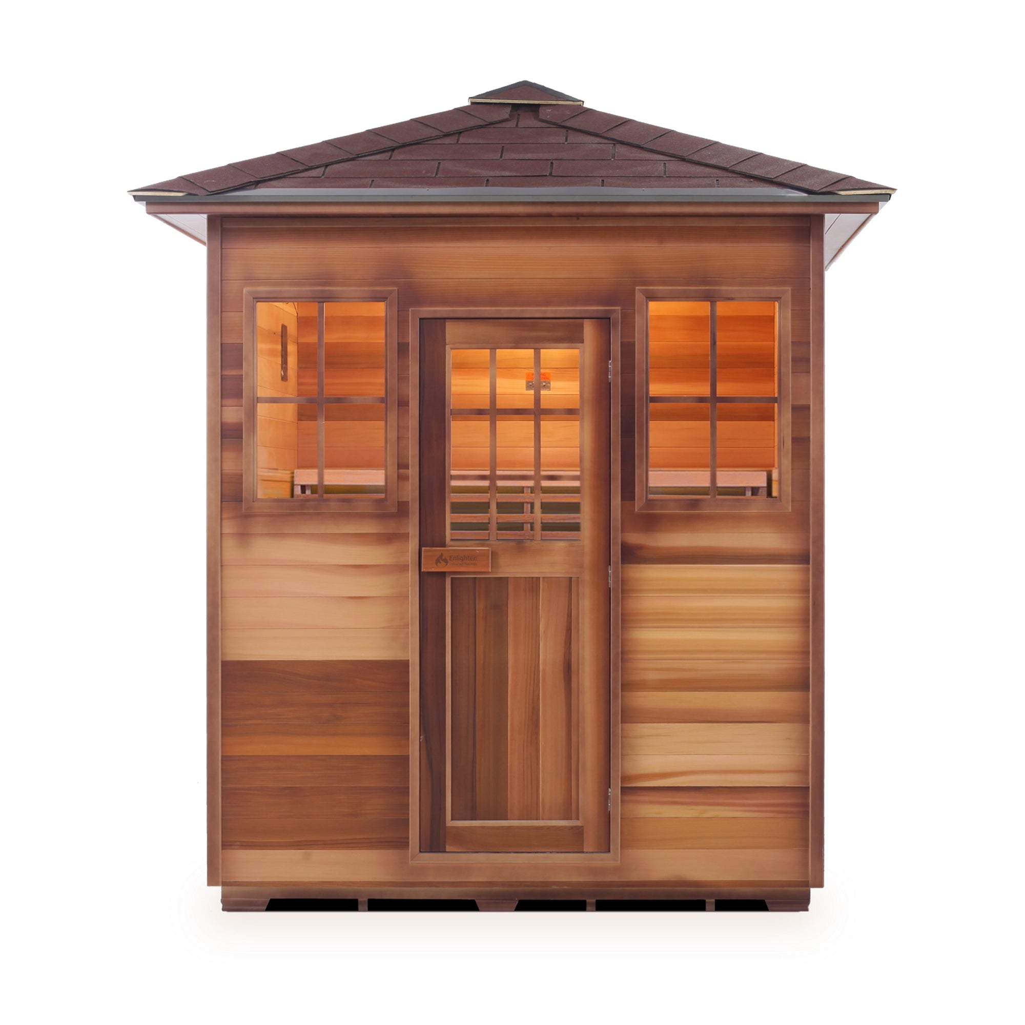 Enlighten sauna SaunaTerra Dry Traditional MoonLight 4 Person Outdoor Sauna Canadian Red Cedar Wood Outside And Inside Double Roof ( Flat Roof + peak roof) front view