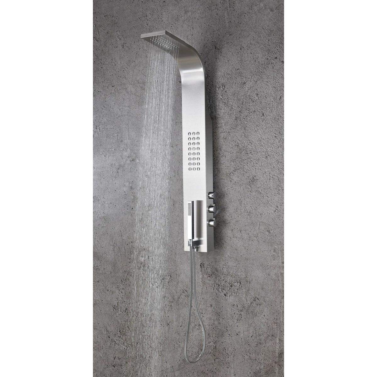 Anzzi Pier 48 Inch Full Body Shower Panel with Fixed Crested Heavy Rain Shower Head, Three Shower Control Knob, Acu-stream Vector Massage Body Jet Sets and Euro-grip Hand Sprayer in Brushed Steel SP-AZ076 - Lifestyle - Vital Hydrotherapy
