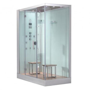 Platinum white left configuration Steam Shower tempered glass wooden ceiling and floor combined with chrome trim Chromatherapy Lighting with two removable seats
