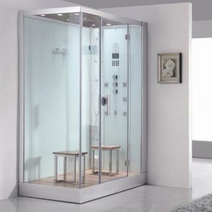 Platinum white right configuration Steam Shower tempered glass wooden ceiling and floor combined with chrome trim Chromatherapy Lighting with two removable seats