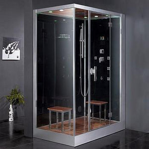 Platinum black right configuration Steam Shower tempered glass wooden ceiling and floor combined with chrome trim Chromatherapy Lighting with two removable seats
