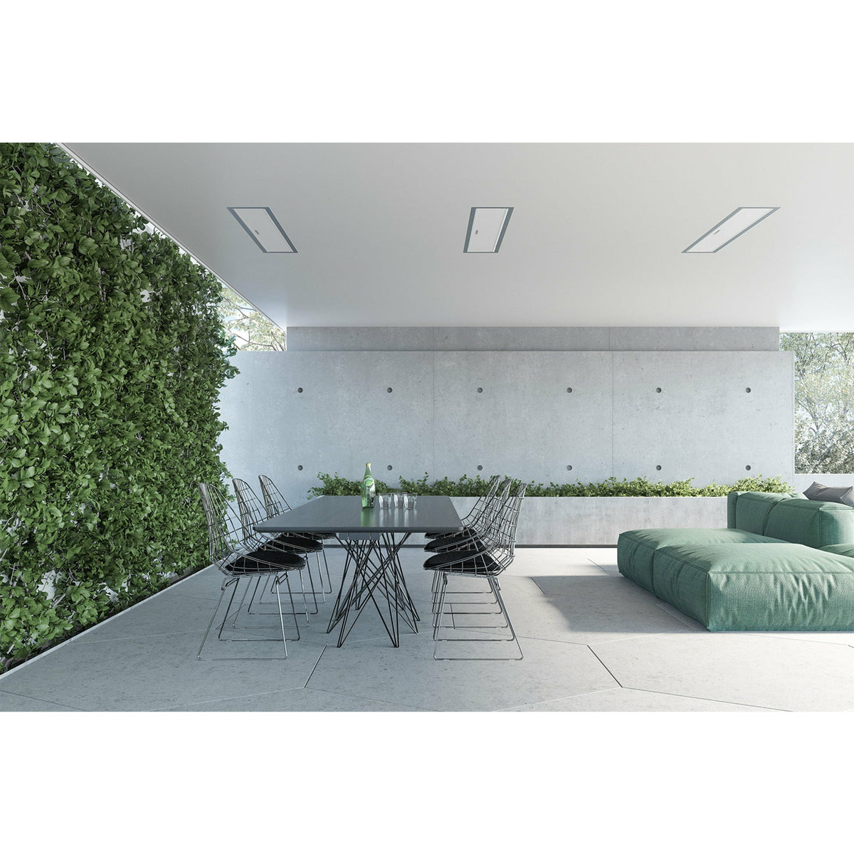 2300W Platinum Smart-Heat Electric Heater in White Stainless Steel Tinted Glass-Ceramic Screen Slim-line Design mounted in a ceiling of a dining area